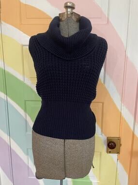 St John Navy Chunky Knit Sleeveless Cowl Neck Sweater Vest Size S